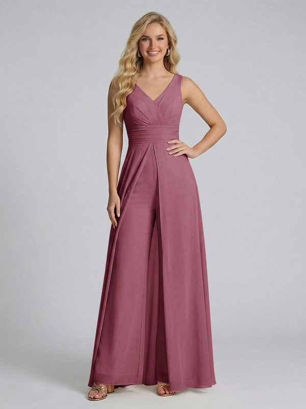 Jumpsuit V-Neck Sleeveless Chiffon Bridesmaid Dresses with Split Side