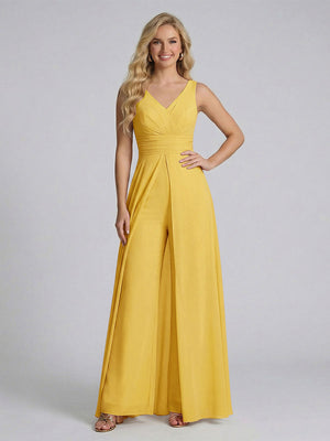 Jumpsuit V-Neck Sleeveless Chiffon Bridesmaid Dresses with Split Side