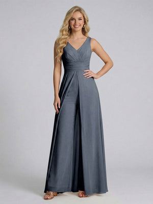 Jumpsuit V-Neck Sleeveless Chiffon Bridesmaid Dresses with Split Side