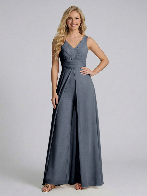 Jumpsuit V-Neck Sleeveless Chiffon Bridesmaid Dresses with Split Side