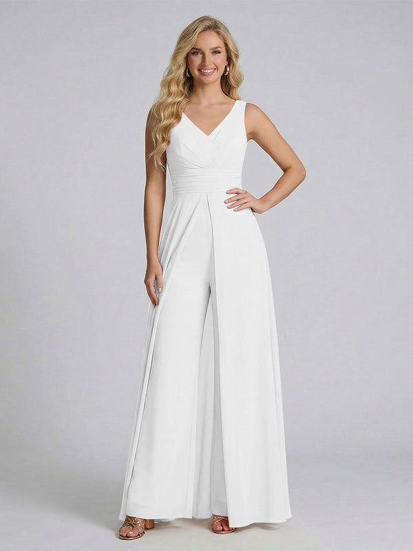 Jumpsuit V-Neck Sleeveless Chiffon Bridesmaid Dresses with Split Side