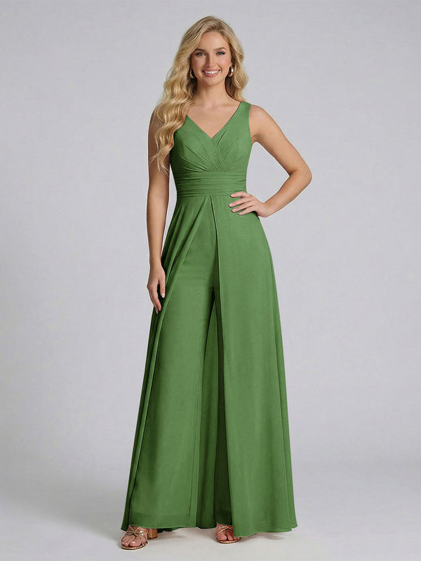 Jumpsuit V-Neck Sleeveless Chiffon Bridesmaid Dresses with Split Side