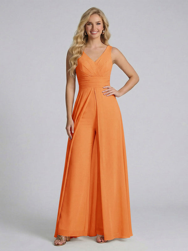 Jumpsuit V-Neck Sleeveless Chiffon Bridesmaid Dresses with Split Side