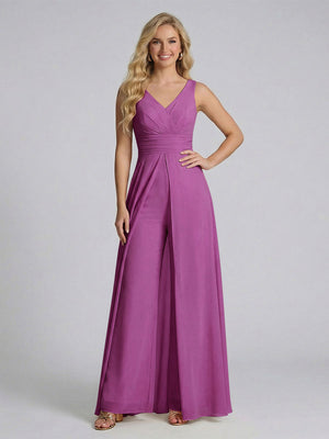 Jumpsuit V-Neck Sleeveless Chiffon Bridesmaid Dresses with Split Side