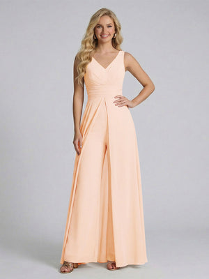 Jumpsuit V-Neck Sleeveless Chiffon Bridesmaid Dresses with Split Side