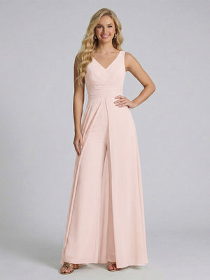 Jumpsuit V-Neck Sleeveless Chiffon Bridesmaid Dresses with Split Side