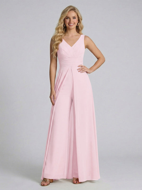 Jumpsuit V-Neck Sleeveless Chiffon Bridesmaid Dresses with Split Side