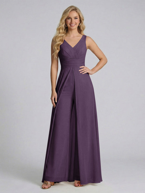 Jumpsuit V-Neck Sleeveless Chiffon Bridesmaid Dresses with Split Side