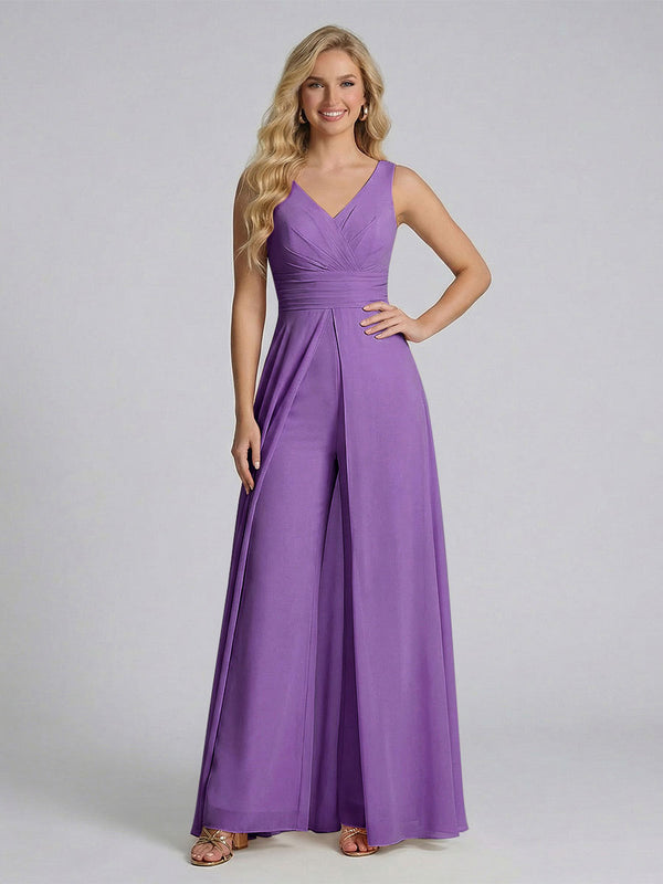 Jumpsuit V-Neck Sleeveless Chiffon Bridesmaid Dresses with Split Side