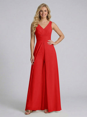 Jumpsuit V-Neck Sleeveless Chiffon Bridesmaid Dresses with Split Side