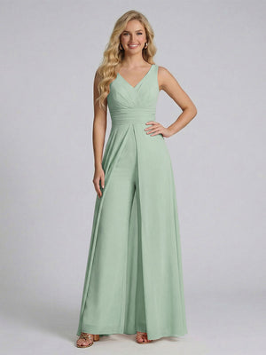 Jumpsuit V-Neck Sleeveless Chiffon Bridesmaid Dresses with Split Side