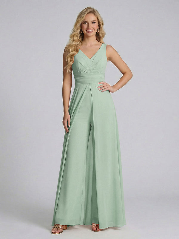Jumpsuit V-Neck Sleeveless Chiffon Bridesmaid Dresses with Split Side