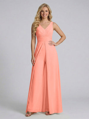 Jumpsuit V-Neck Sleeveless Chiffon Bridesmaid Dresses with Split Side