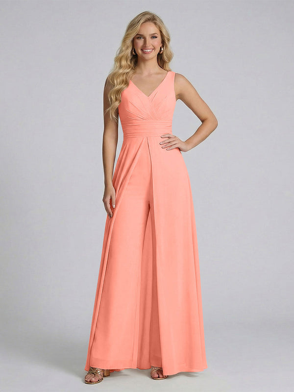 Jumpsuit V-Neck Sleeveless Chiffon Bridesmaid Dresses with Split Side