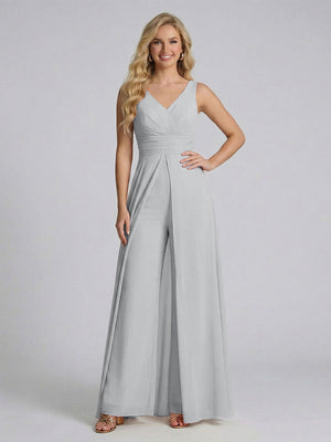 Jumpsuit V-Neck Sleeveless Chiffon Bridesmaid Dresses with Split Side