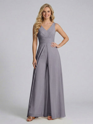Jumpsuit V-Neck Sleeveless Chiffon Bridesmaid Dresses with Split Side