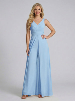 Jumpsuit V-Neck Sleeveless Chiffon Bridesmaid Dresses with Split Side