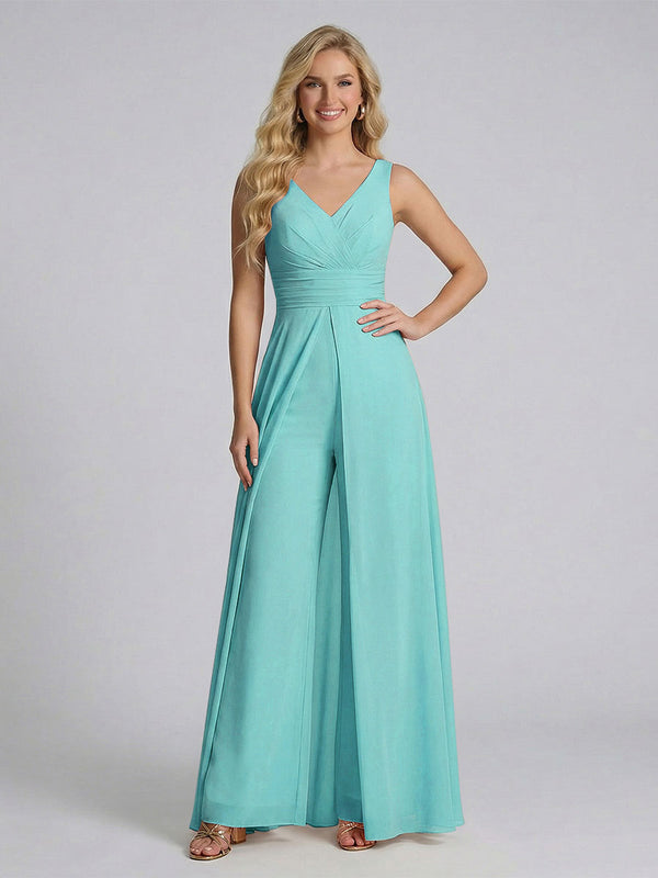 Jumpsuit V-Neck Sleeveless Chiffon Bridesmaid Dresses with Split Side