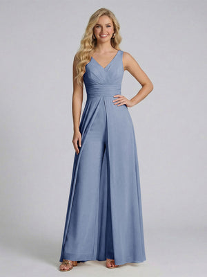 Jumpsuit V-Neck Sleeveless Chiffon Bridesmaid Dresses with Split Side