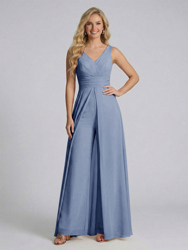 Jumpsuit V-Neck Sleeveless Chiffon Bridesmaid Dresses with Split Side