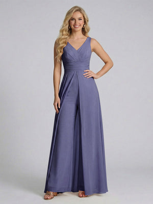 Jumpsuit V-Neck Sleeveless Chiffon Bridesmaid Dresses with Split Side