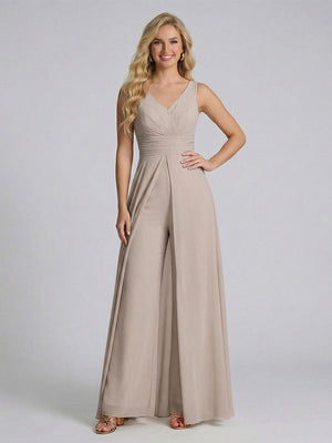 Jumpsuit V-Neck Sleeveless Chiffon Bridesmaid Dresses with Split Side