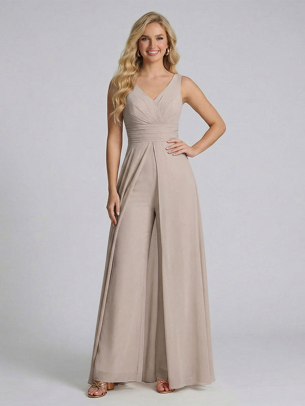 Jumpsuit V-Neck Sleeveless Chiffon Bridesmaid Dresses with Split Side