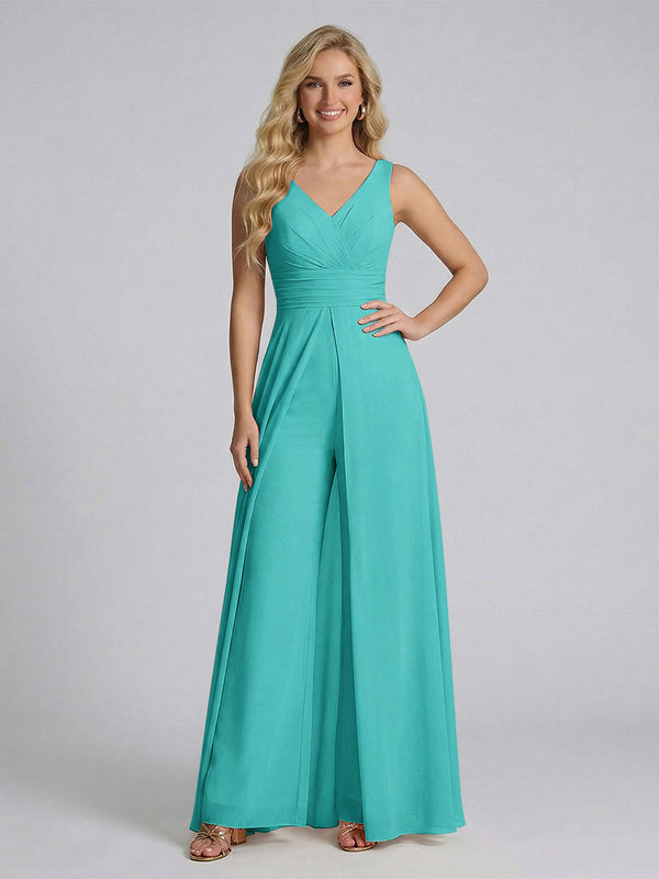 Jumpsuit V-Neck Sleeveless Chiffon Bridesmaid Dresses with Split Side