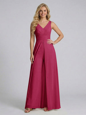 Jumpsuit V-Neck Sleeveless Chiffon Bridesmaid Dresses with Split Side