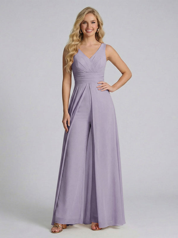 Jumpsuit V-Neck Sleeveless Chiffon Bridesmaid Dresses with Split Side