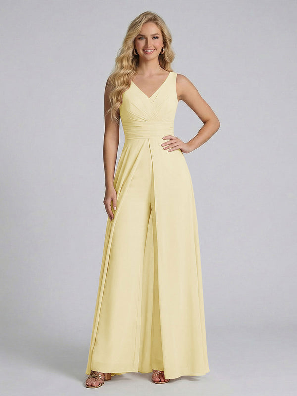 Jumpsuit V-Neck Sleeveless Chiffon Bridesmaid Dresses with Split Side
