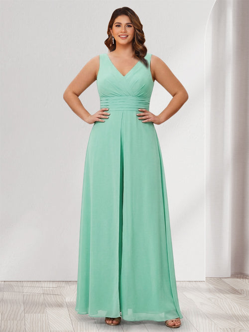 Jumpsuit V-Neck Sleeveless Chiffon Plus Size Bridesmaid Dresses with Split Side