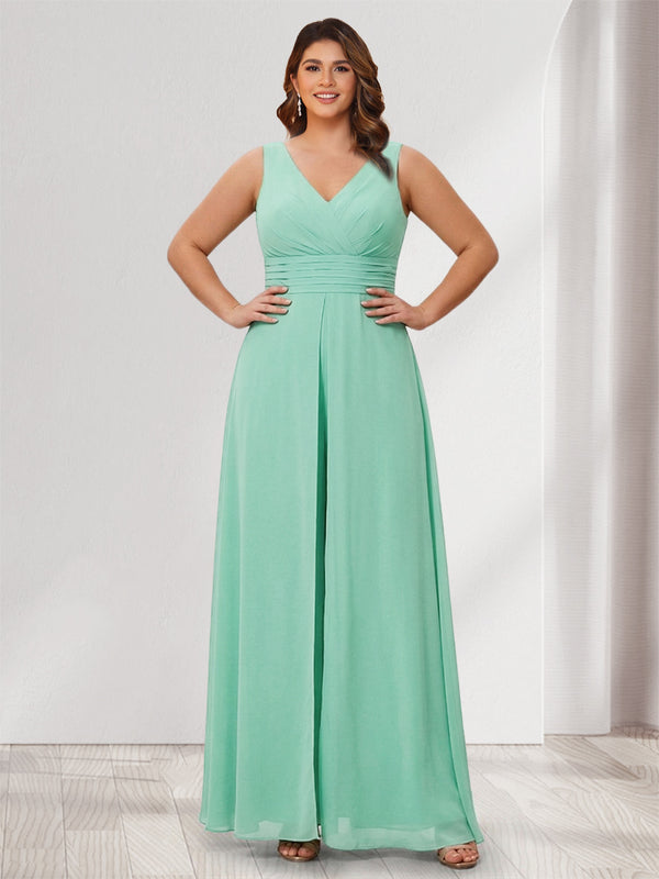Jumpsuit V-Neck Sleeveless Chiffon Plus Size Bridesmaid Dresses with Split Side