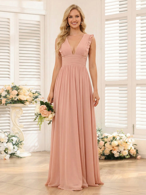 A-Line/Princess V-Neck Sleeveless Chiffon Bridesmaid Dresses with Ruffles