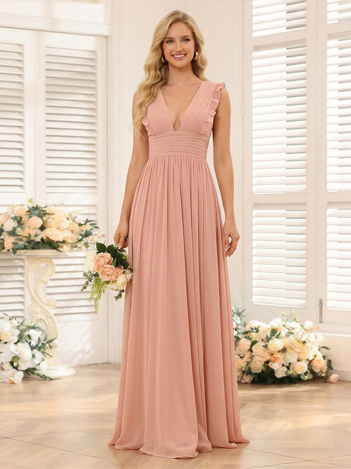 A-Line/Princess V-Neck Sleeveless Chiffon Bridesmaid Dresses with Ruffles