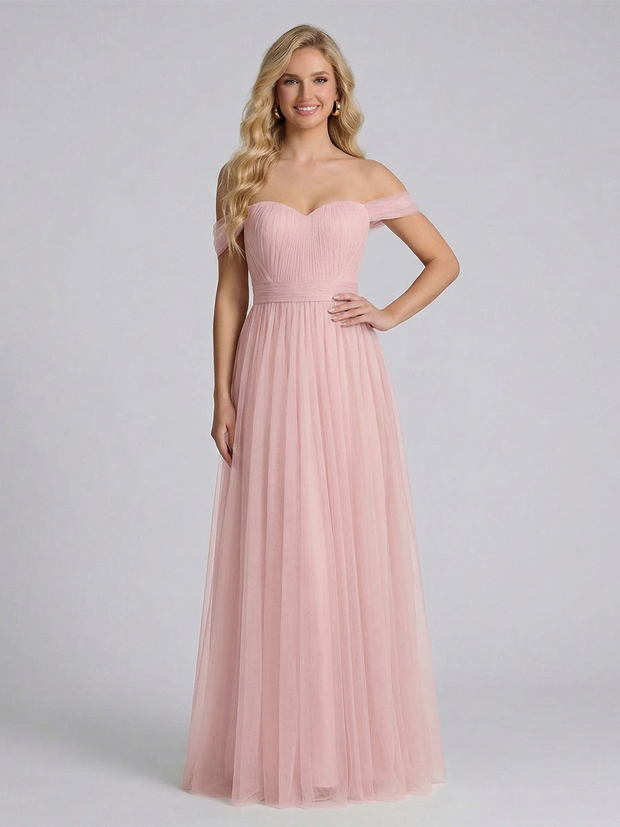 A-Line/Princess Off-the-Shoulder Sweetheart Short Sleeves Bridesmaid Dresses With Bowknot