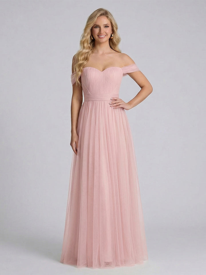A-Line/Princess Off-the-Shoulder Sweetheart Short Sleeves Bridesmaid Dresses With Bowknot