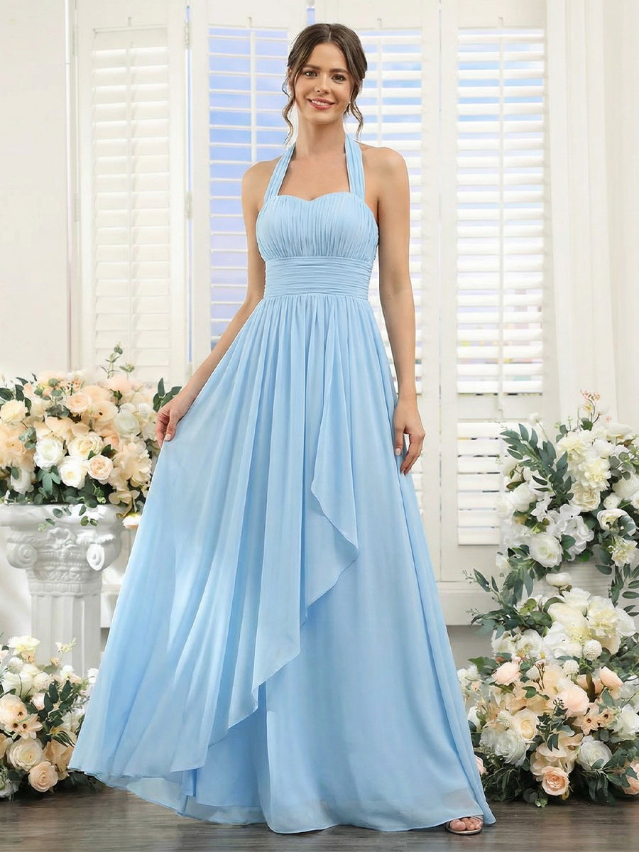 A-Line/Princess Halter Sweetheart Sleeveless Chiffon Bridesmaid Dresses With Ruffles