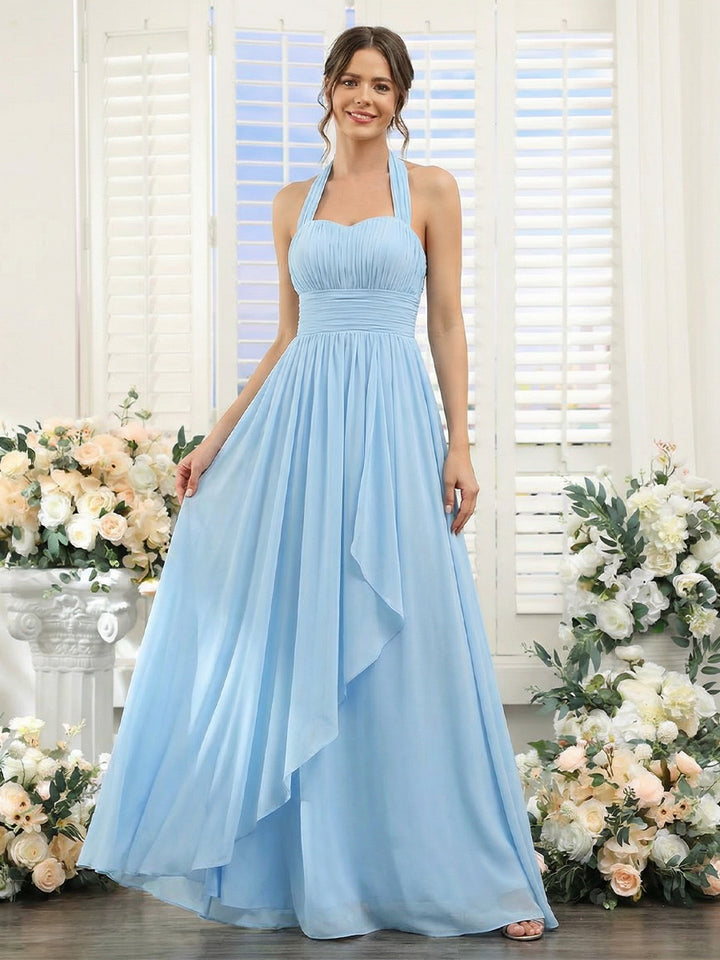 A-Line/Princess Halter Sweetheart Sleeveless Chiffon Bridesmaid Dresses With Ruffles