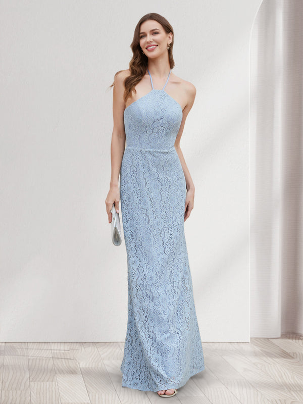 Sheath/Column Halter Sleeveless Bridesmaid Dresses With Lace