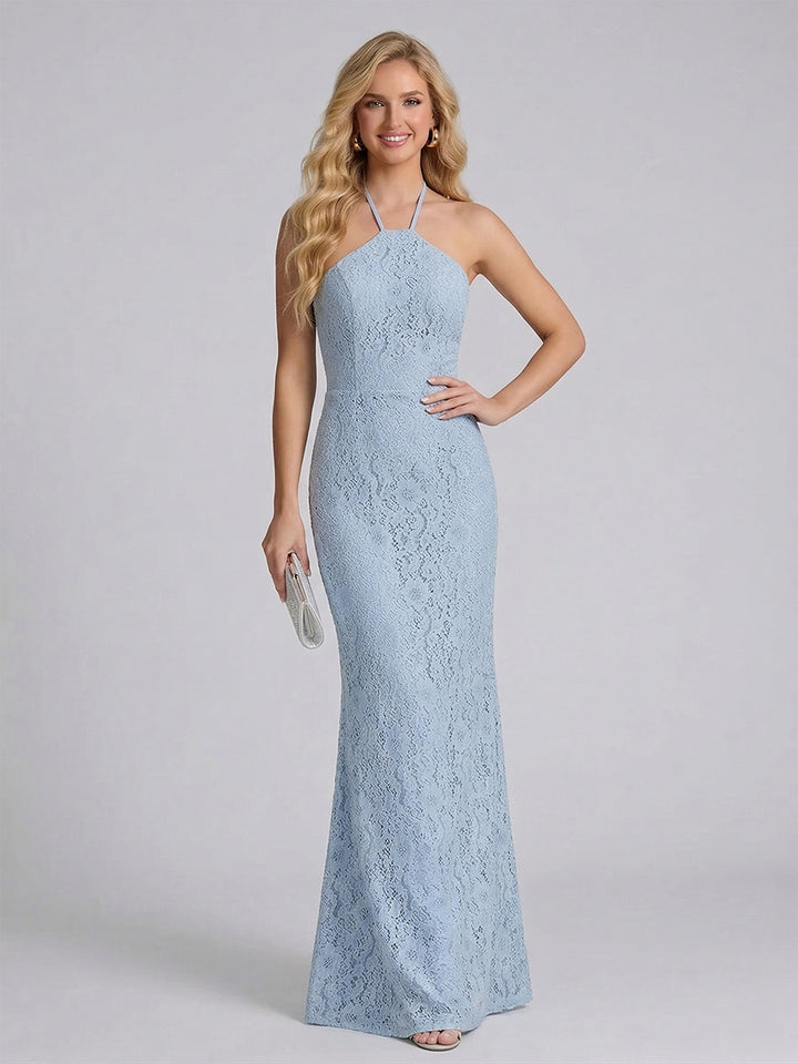 Sheath/Column Halter Sleeveless Bridesmaid Dresses With Lace