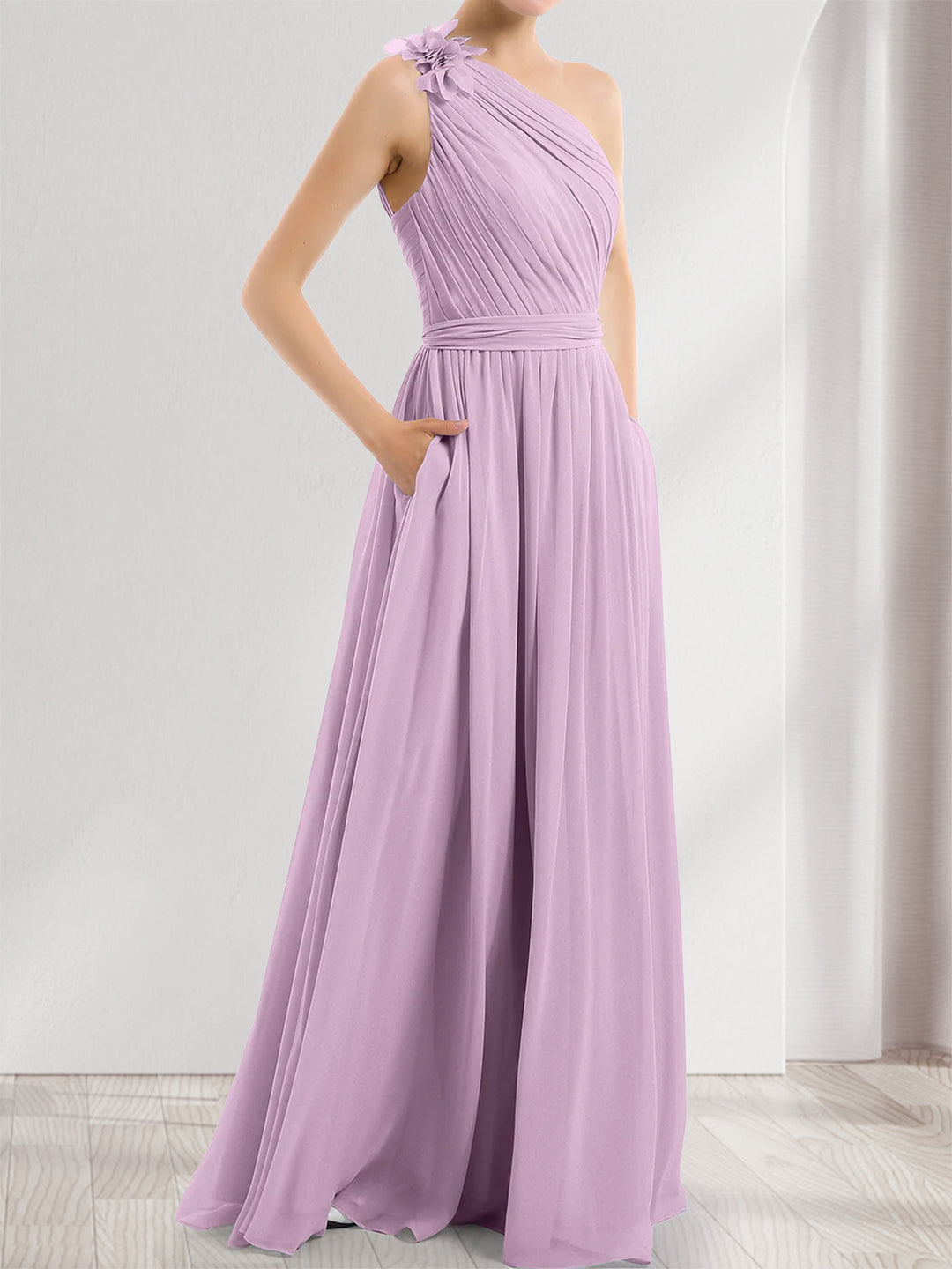 A-Line/Princess One-Shoulder Sleeveless Bridesmaid Dresses With 3D Floral