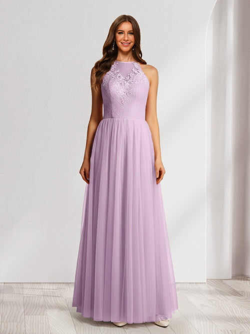 A-Line/Princess Scoop Sleeveless Floor-Length Bridesmaid Dresses With Lace & Applique