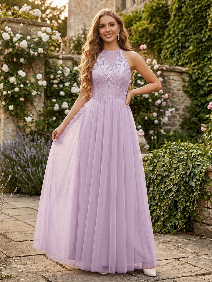 A-Line/Princess Scoop Sleeveless Floor-Length Bridesmaid Dresses With Lace &amp; Applique