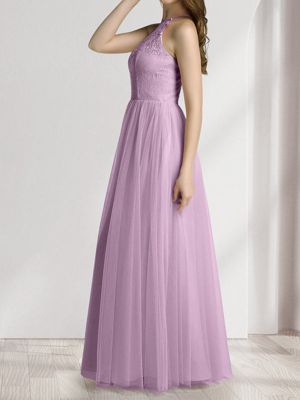 A-Line/Princess Scoop Sleeveless Floor-Length Bridesmaid Dresses With Lace & Applique