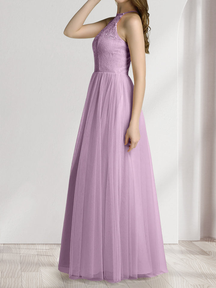 A-Line/Princess Scoop Sleeveless Floor-Length Bridesmaid Dresses With Lace &amp; Applique