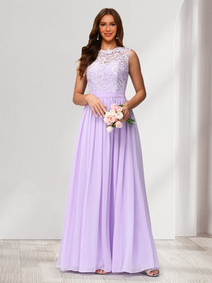 A-Line/Princess Scoop Sleeveless Floor-Length Bridesmaid Dresses With Lace & Applique