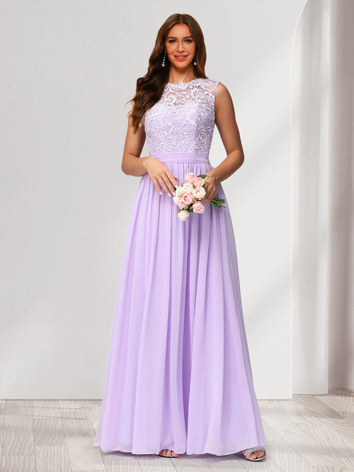 A-Line/Princess Scoop Sleeveless Floor-Length Bridesmaid Dresses With Lace & Applique