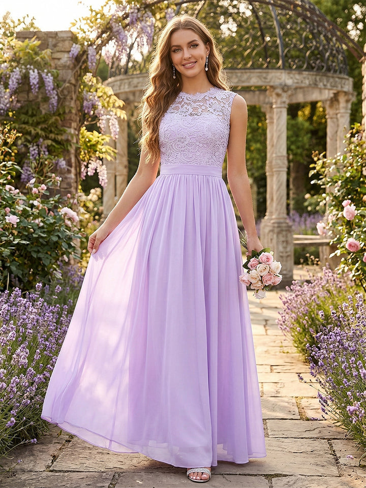 A-Line/Princess Scoop Sleeveless Floor-Length Bridesmaid Dresses With Lace &amp; Applique