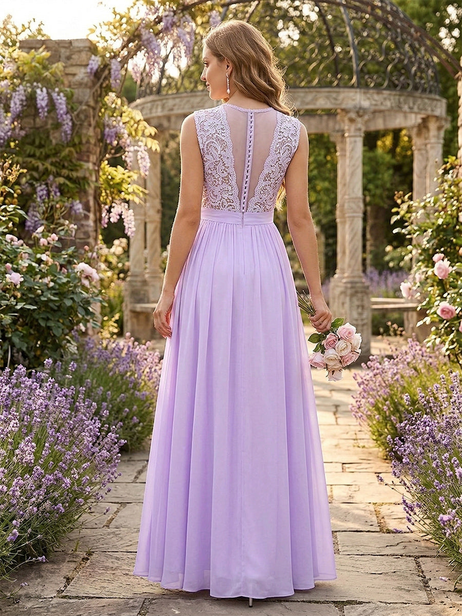 A-Line/Princess Scoop Sleeveless Floor-Length Bridesmaid Dresses With Lace &amp; Applique